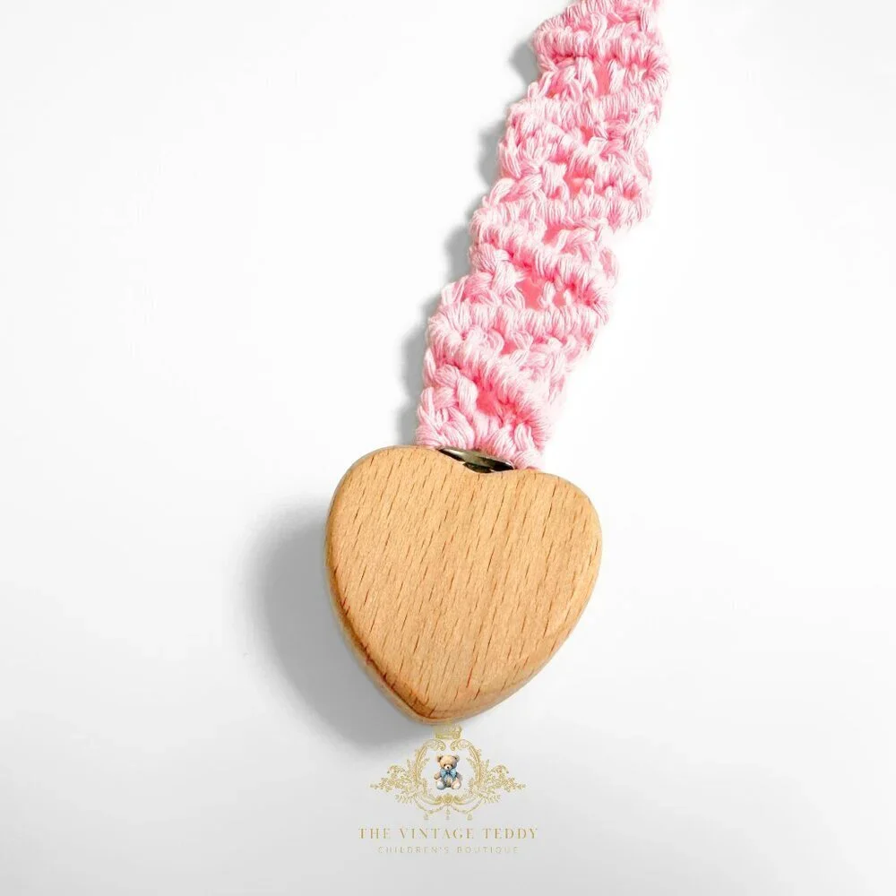 NWT Macramé Baby Pacifier Clip Wooden Heart Bohemian Clip-on to Baby Clothes